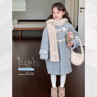 2025韩国女童大衣儿童秋冬款仿皮毛一体外套女孩中长款羊羔绒棉服