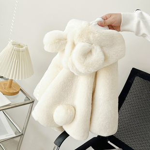 儿童皮草仿兔绒加绒加厚棉衣女童男童小宝宝连帽外套中长款冬季韩