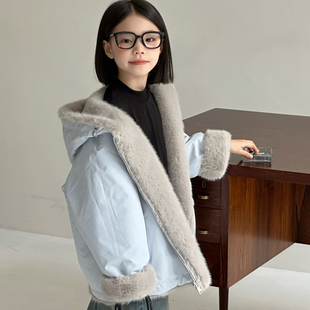 儿童毛皮大衣男女童加绒两面穿连帽上衣中大童仿水貂皮草外套冬款