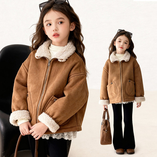 女童加绒外套秋冬季2025新款洋气儿童冬装羊羔毛加厚皮毛一体上衣