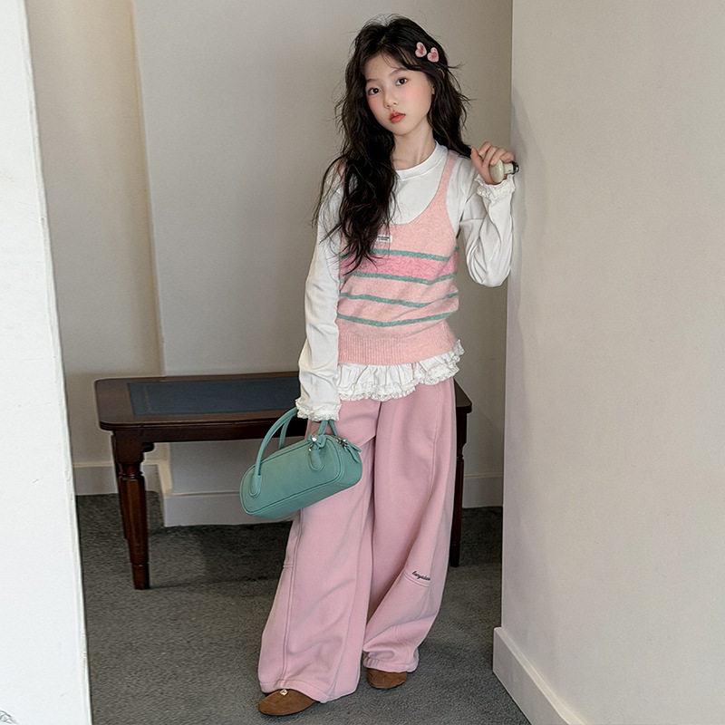 女大童春秋粉色条纹马甲两件套