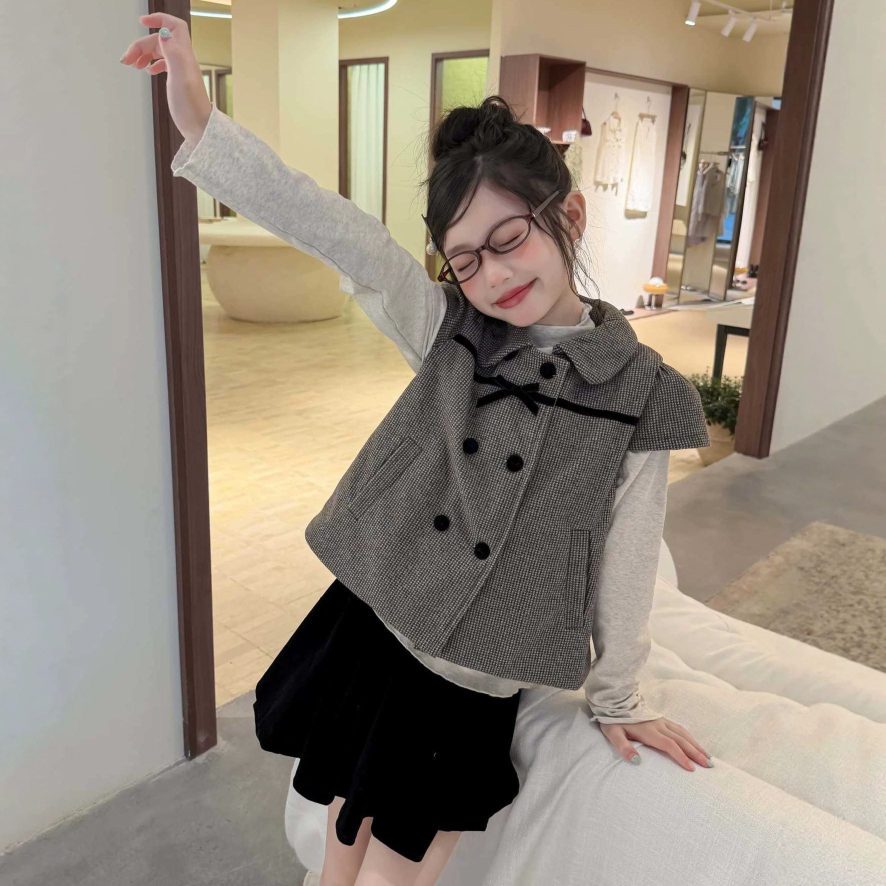 女童秋季复古学院风格纹双排扣外