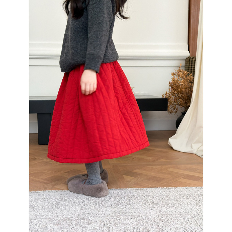 韩国童装红色复古半身裙女童棉裙2025秋冬季夹棉加厚半裙新年短裙