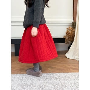 韩国童装红色复古半身裙女童棉裙2025秋冬季夹棉加厚半裙新年短裙