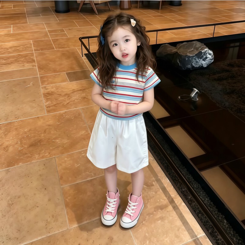 女童夏季彩条纹短袖短裤套装