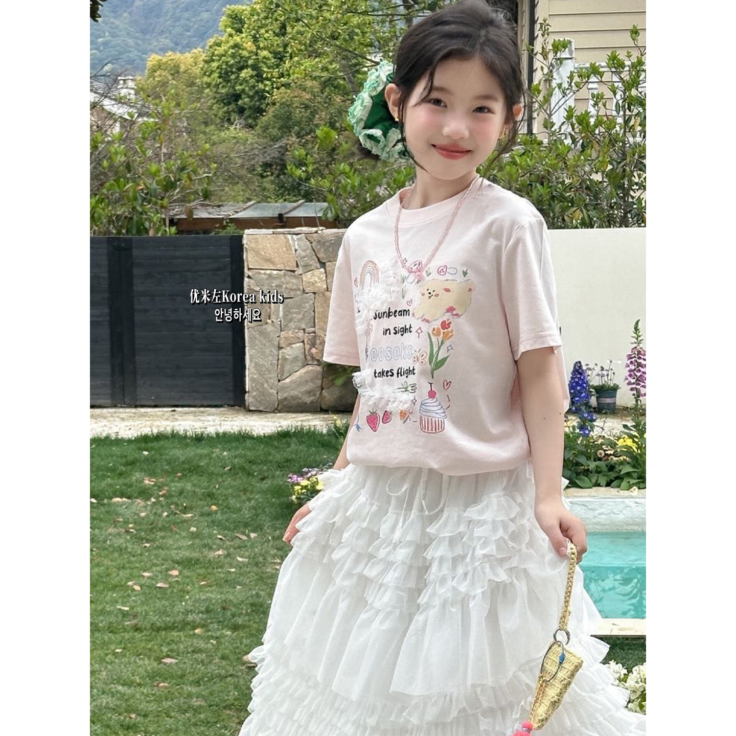 女童夏季卡通蕾丝纯棉短袖T恤