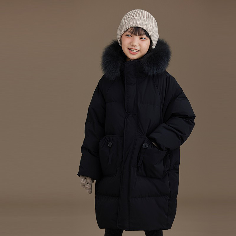 韩国童装冬儿童羽绒服加厚保暖黑色真毛领羽绒外套中长款女童男童