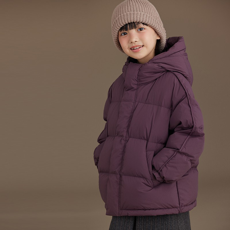韩国童装儿童羽绒外套黑色紫色简约短款连帽羽绒服男童女童冬装