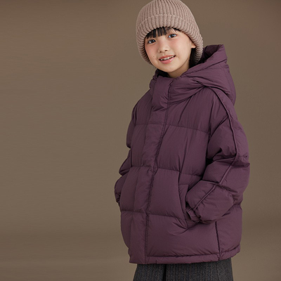 韩国童装儿童羽绒外套黑色紫色简约短款连帽羽绒服男童女童冬装