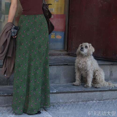 囍鱼 你也会爱上的 复古港风文艺优雅绿色雪纺中长半身裙女碎花裙