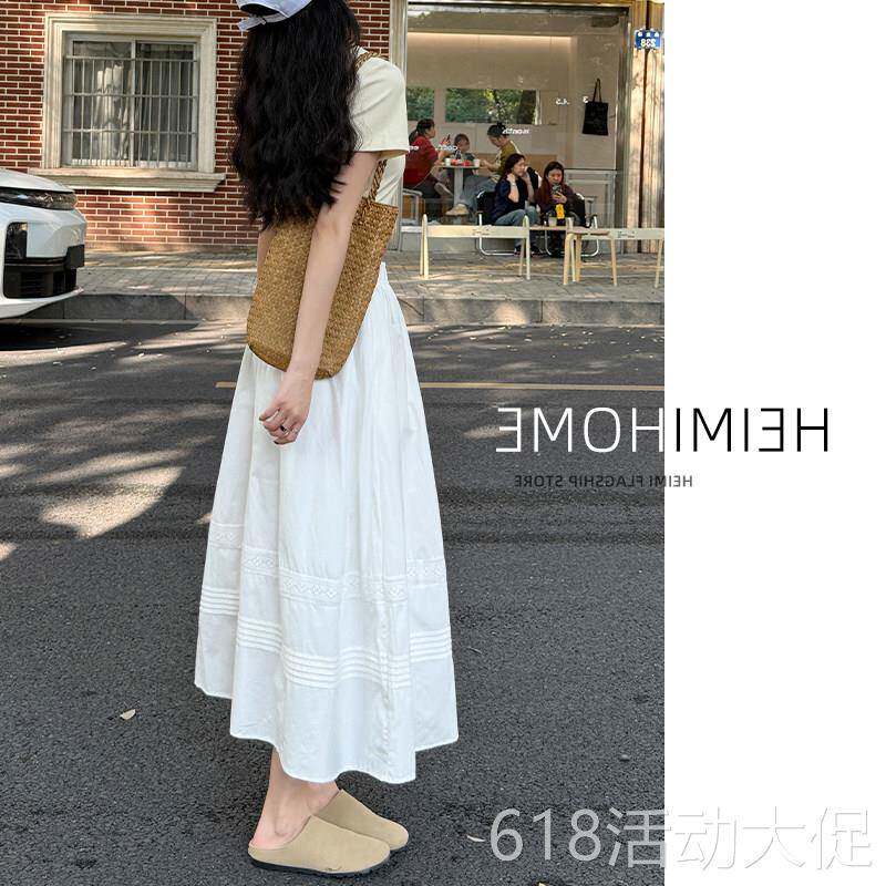 白色蕾丝花边半身裙女夏季中长版高腰蓬蓬伞裙小个子a字蛋糕裙潮