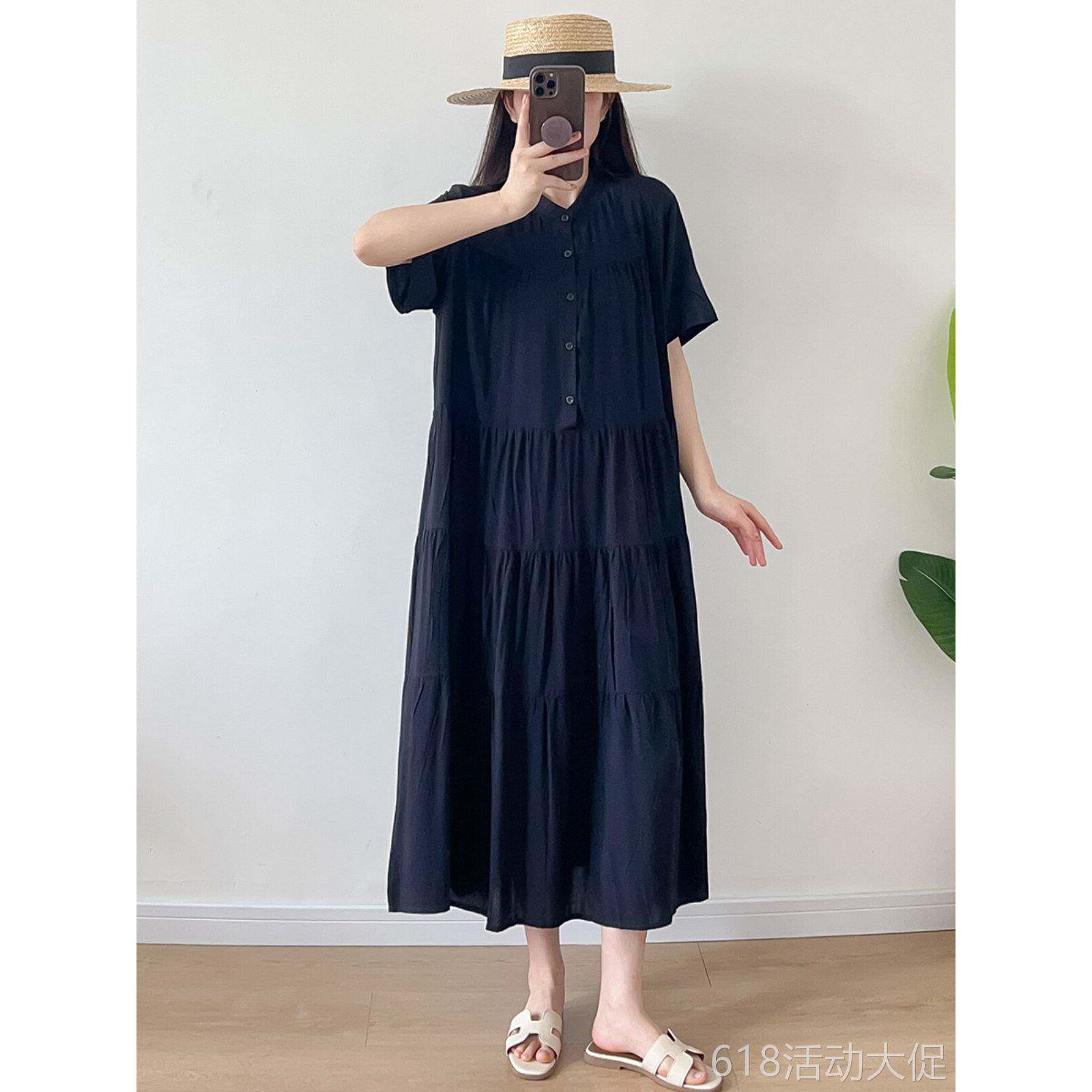 2023夏季女士棉丝连衣裙宽松修身衬衫领气质摆摆裙人造棉沙滩裙