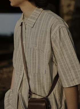 日系古着感亚麻条纹衬衫男夏季短袖文艺复古少年感穿搭工装衬衣潮