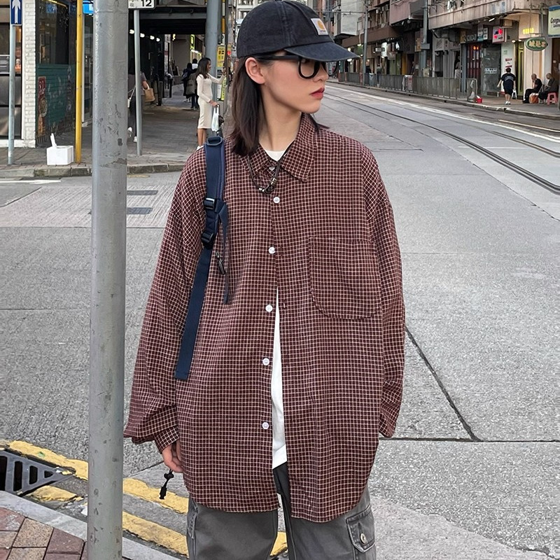 日系复古口袋细格子翻领衬衫