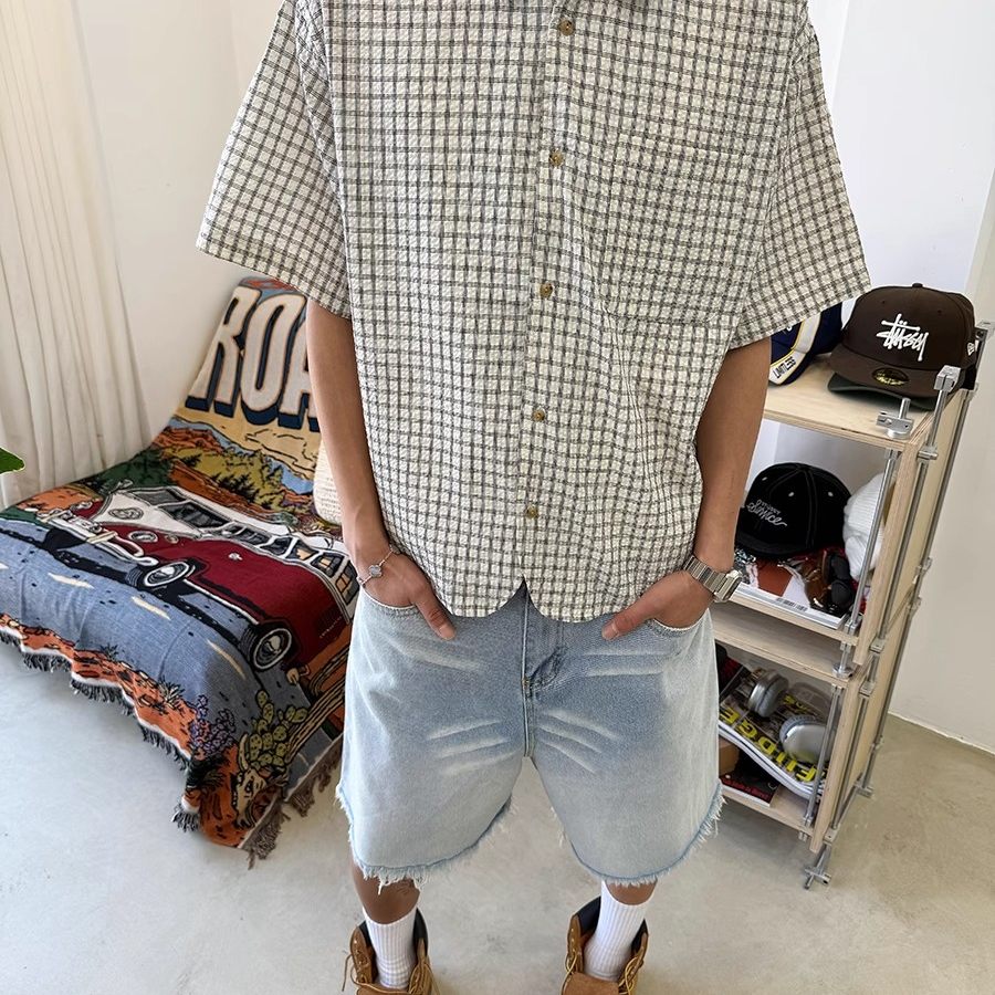 日系复古泡泡棉格子短袖衬衫