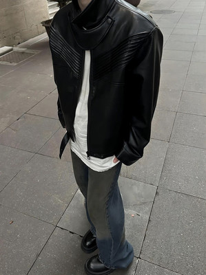 立领春秋美式显高短款皮衣夹克