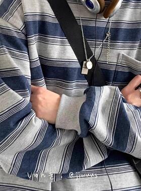 日系做旧长袖海魂衫男女Cityboy春秋情侣圆领打底衫条纹工装卫衣