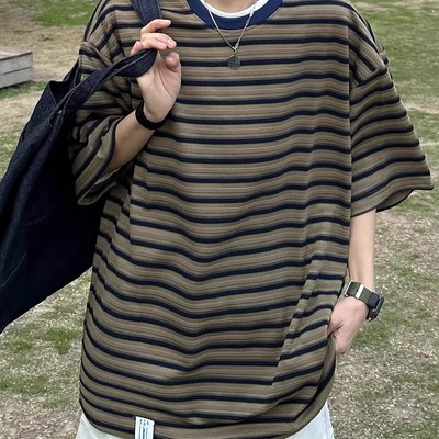 日系复古条纹短袖T恤男女夏