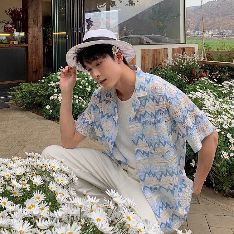 美式复古度假穿搭海岛衬衫男女夏季宽松短袖花衬衣撞色休闲polo衫