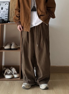 春秋日系咖啡色休闲裤男女学院风工装阔腿裤百搭褶皱直筒宽松长裤