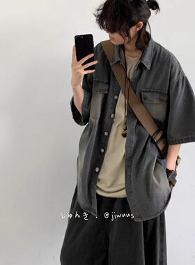 翻领短袖日系做旧短袖牛仔衬衫