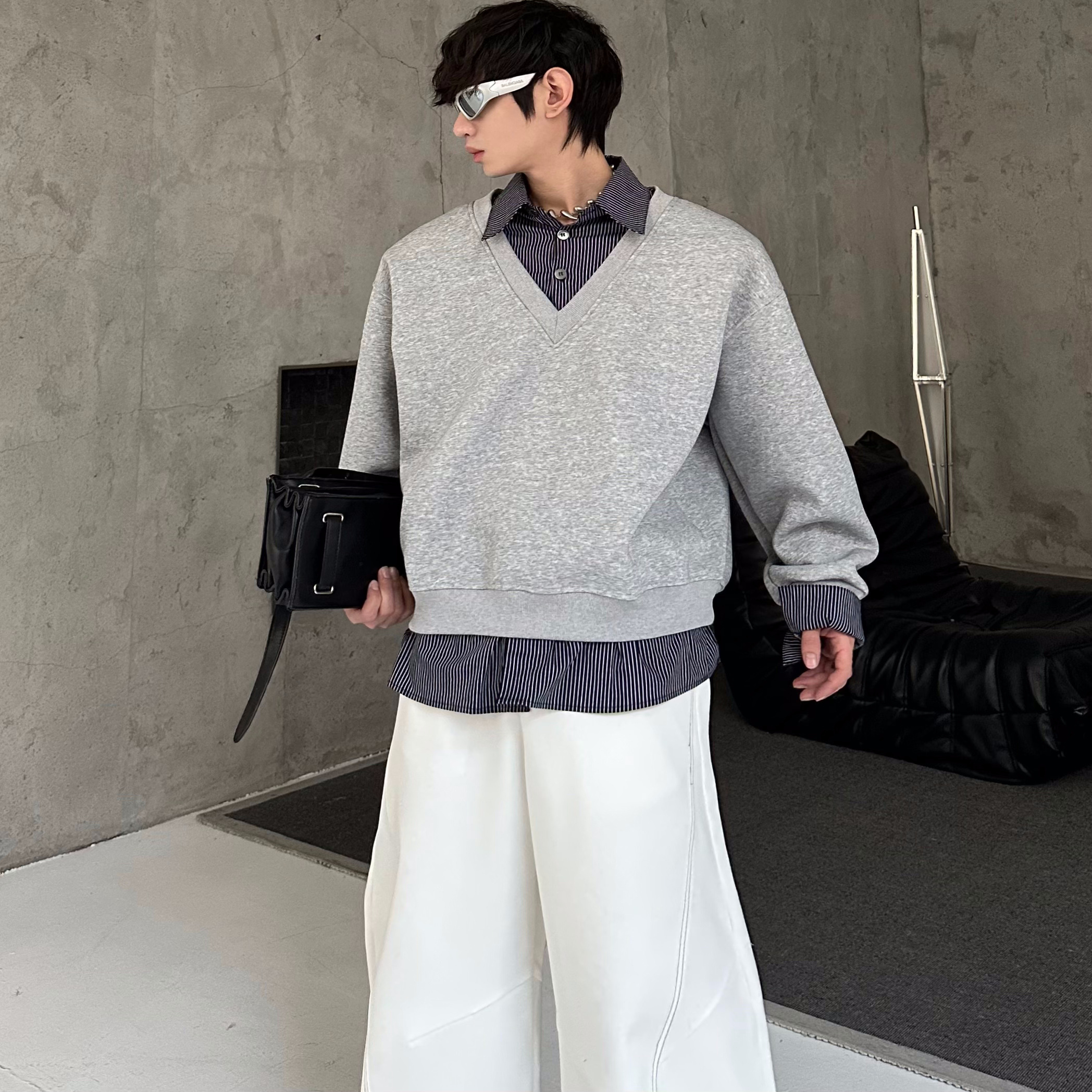 美式小众设计感假两件衬衫领卫衣