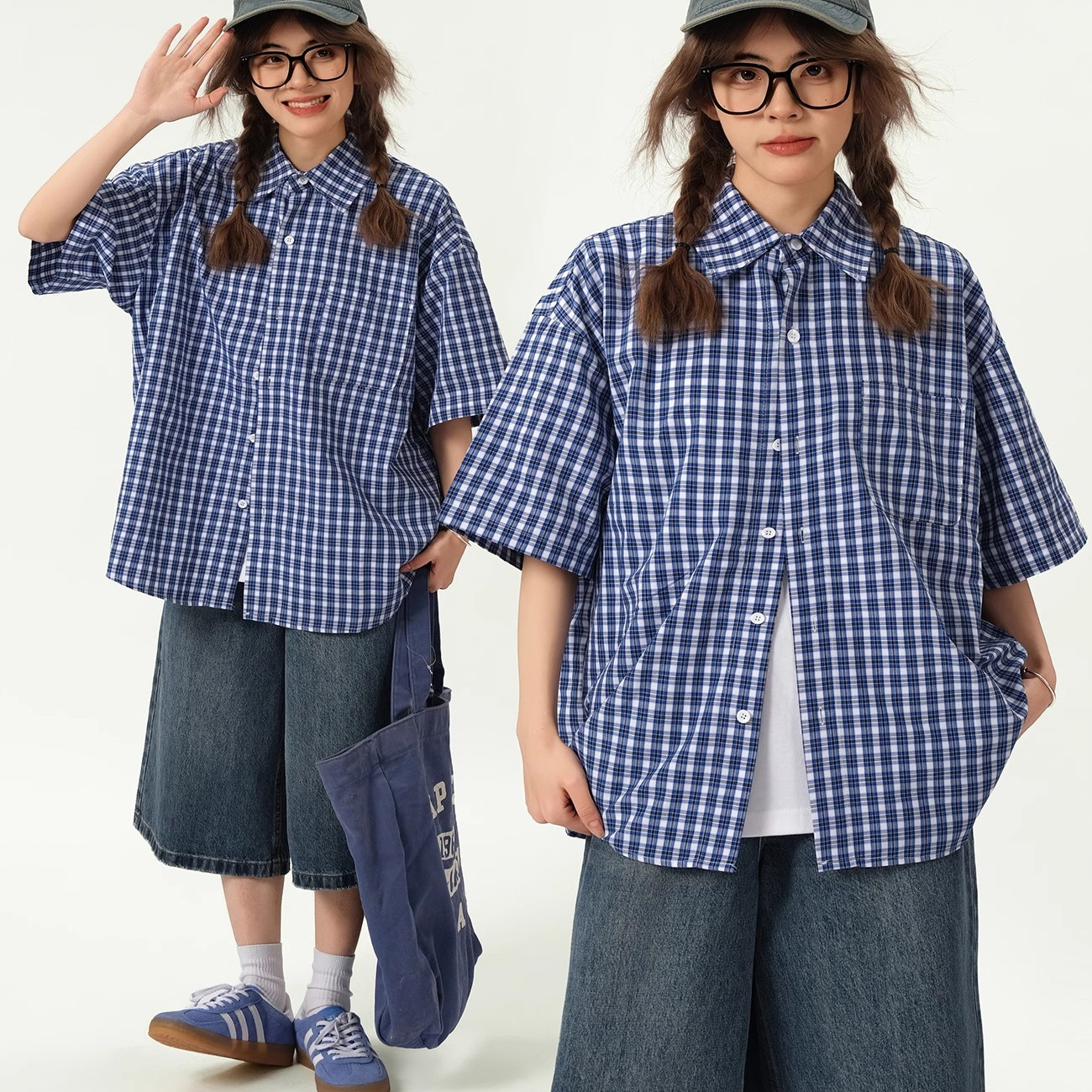 美式复古格子短袖衬衫男女夏季