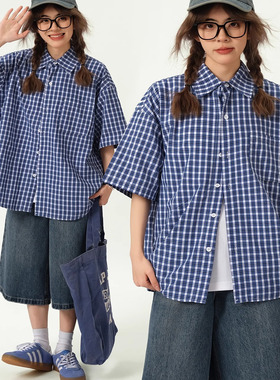 美式复古格子短袖衬衫男女夏季vintage休闲宽松百搭蓝色情侣上衣