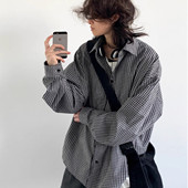 日系复古细格纹长袖 衬衫 男女春秋慵懒风宽松简约休闲格子衬衣外套