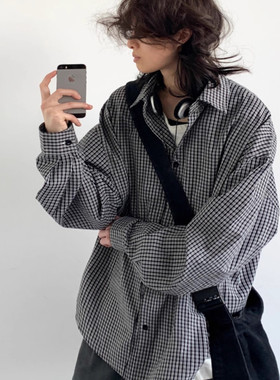 日系复古细格纹长袖衬衫男女春秋慵懒风宽松简约休闲格子衬衣外套