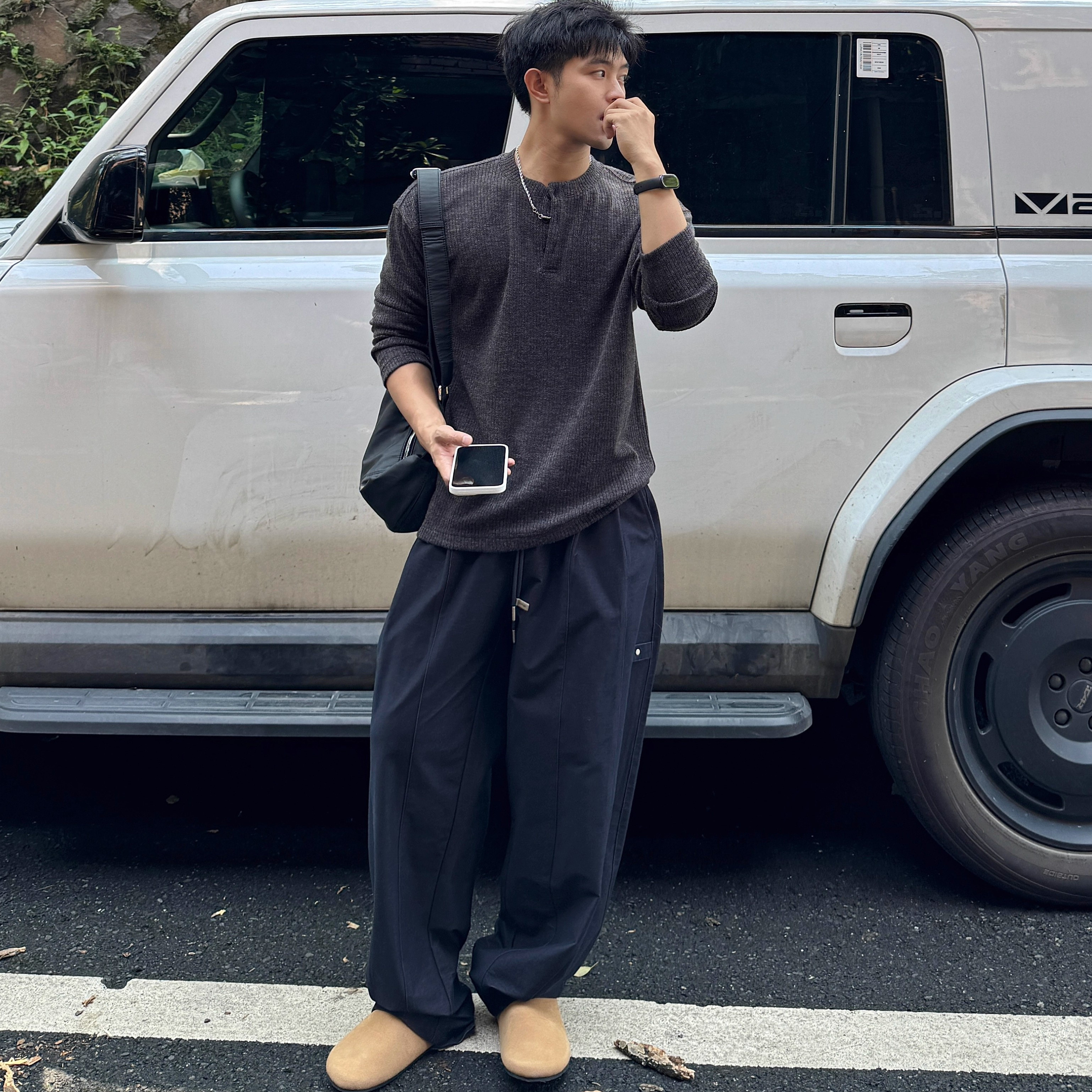 美式肌理褶皱亨利领长袖t恤