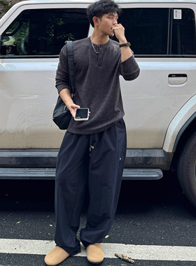 美式肌理褶皱老钱风亨利领长袖t恤男春秋宽松针织内搭打底衫上衣