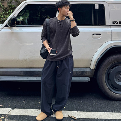 美式肌理褶皱亨利领长袖t恤