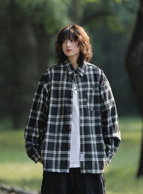 春秋日系复古长袖格子翻领衬衫男女款学院风休闲长袖打底衬衣外套