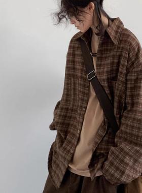 日系复古格纹衬衫男女生春秋季学院风宽松休闲长袖衬衣外套