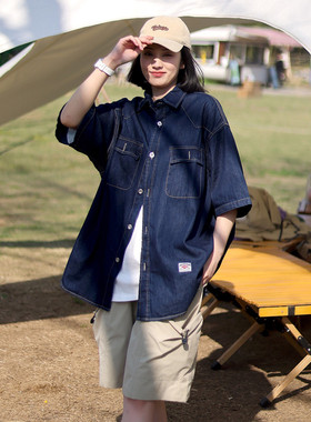 日系复古多口袋牛仔短袖衬衫外套男女夏季宽松休闲中性风工装衬衣