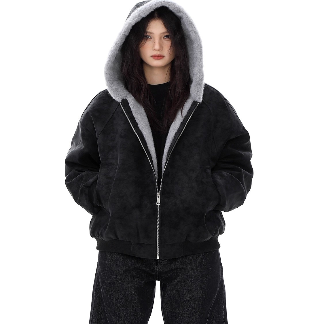 美式复古麂皮座山雕加绒连帽棉衣