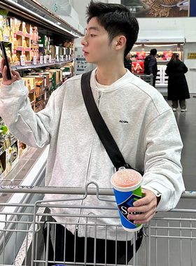 美式灰色字母棒球领开衫卫衣男女春秋2025新款休闲宽松上衣外套潮