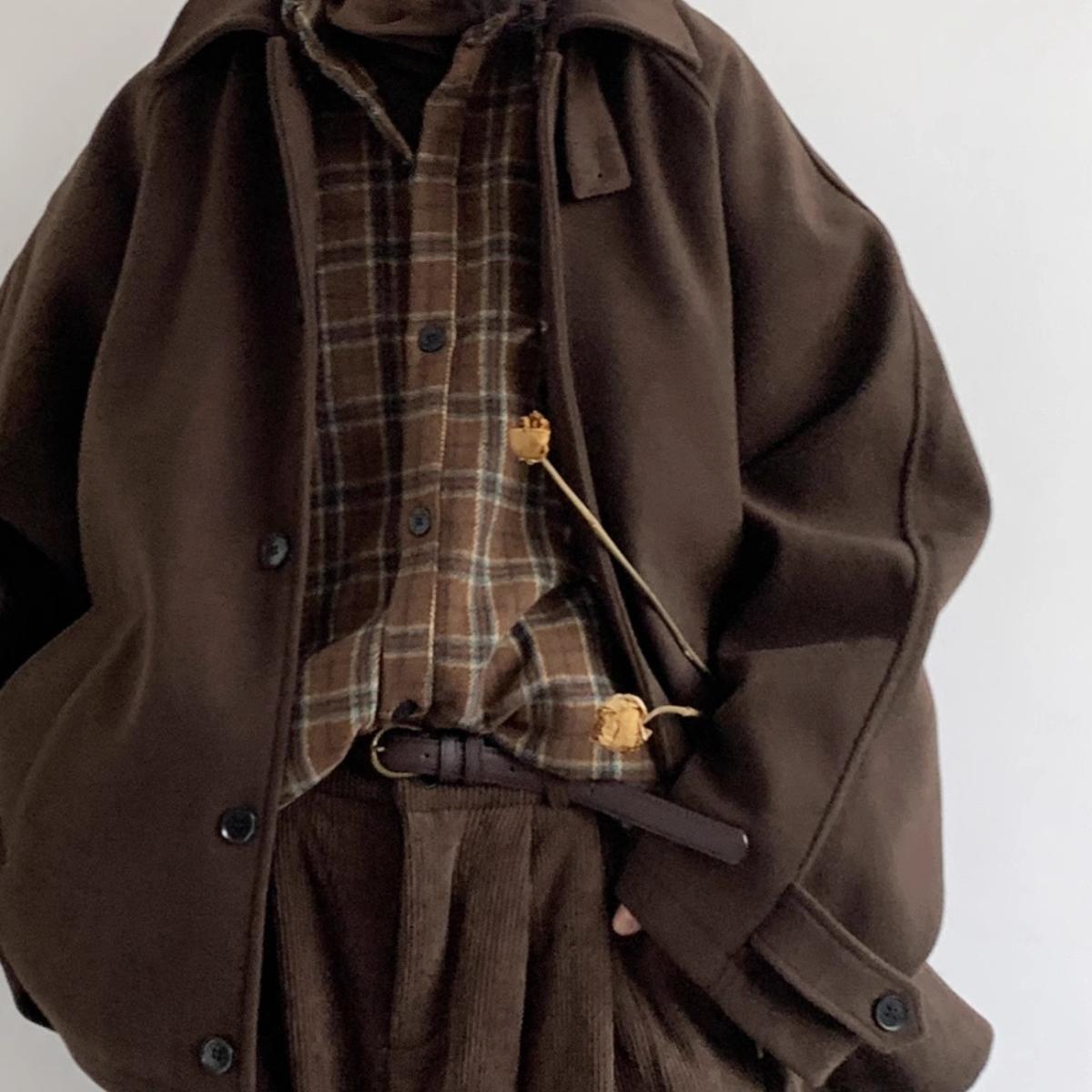 中性美拉德复古单排扣呢子大衣男女秋冬宽松插肩袖毛呢夹克外套潮