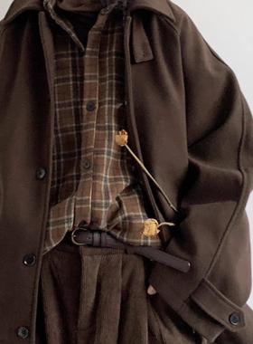 中性美拉德复古单排扣呢子大衣男女秋冬宽松插肩袖毛呢夹克外套潮