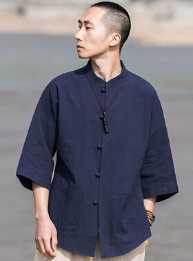 日系亚麻衬衫男女春秋季中国风唐装七分袖中式棉麻休闲薄款衬衫
