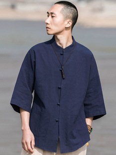 中式 中國風(fēng)唐裝 日系亞麻襯衫 七分袖 襯衫 男女春秋季 棉麻休閑薄款