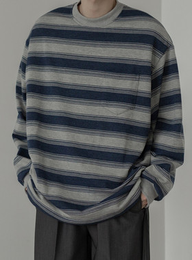 春秋日系复古做旧海魂衫条纹卫衣男女生百搭圆领潮牌情侣打底上衣