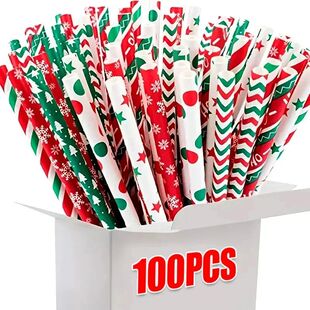 25-100Pcs Christmas Kraft Paper Straw Colorful Print Disposa