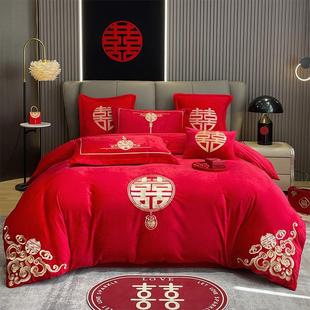 保暖结婚床单笠宝宝绒新婚房嫁床品 牛奶绒婚庆四件套大红喜被冬季