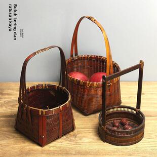 特色覆古竹编提篮彷古做旧茶点篮竹工艺品花篮吊篮手工艺品摆件
