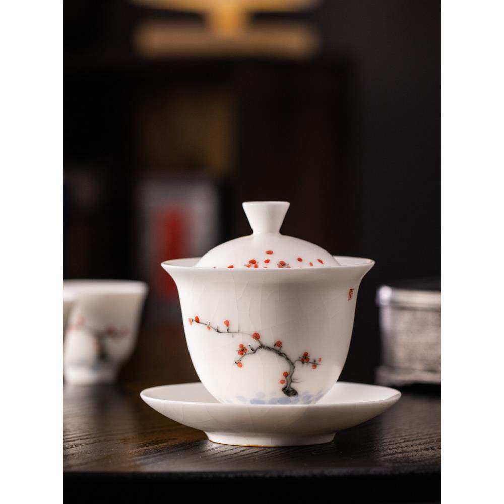 手绘白汝窑三才盖碗茶杯单个泡茶碗不烫手陶瓷茶碗开片可养冰裂釉