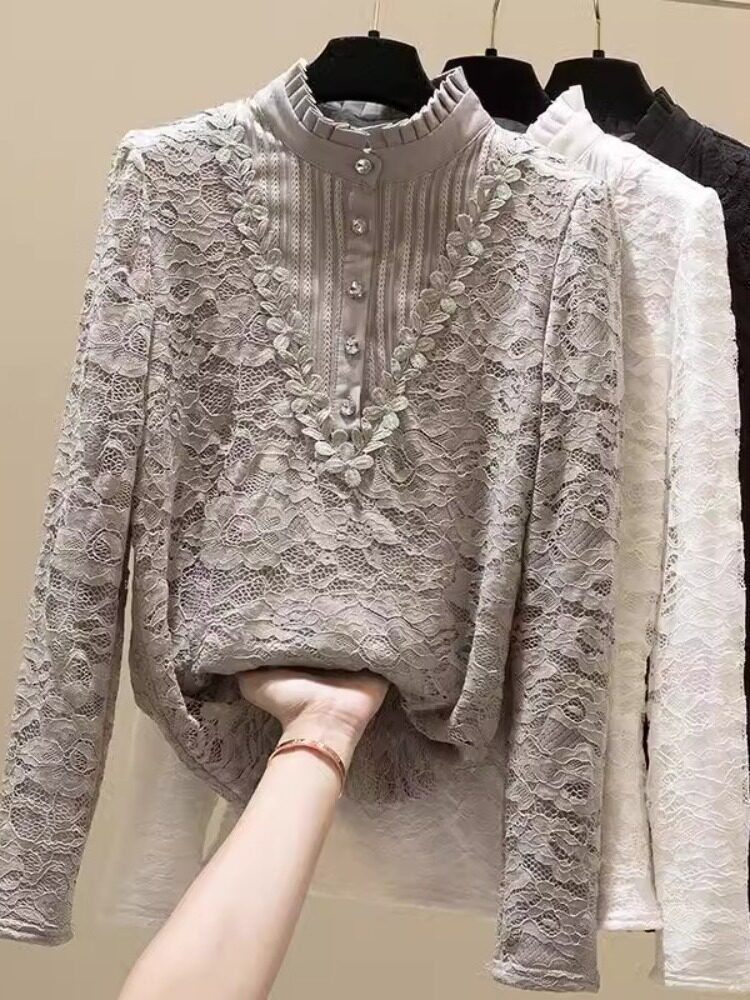 여성용 플러시 레이스 셔츠 뚱뚱한 소녀들을 위한 새로운 가을 겨울 플러스 사이즈 여성 의류 200파운드 하프 터틀넥 레이스 바닥 셔츠