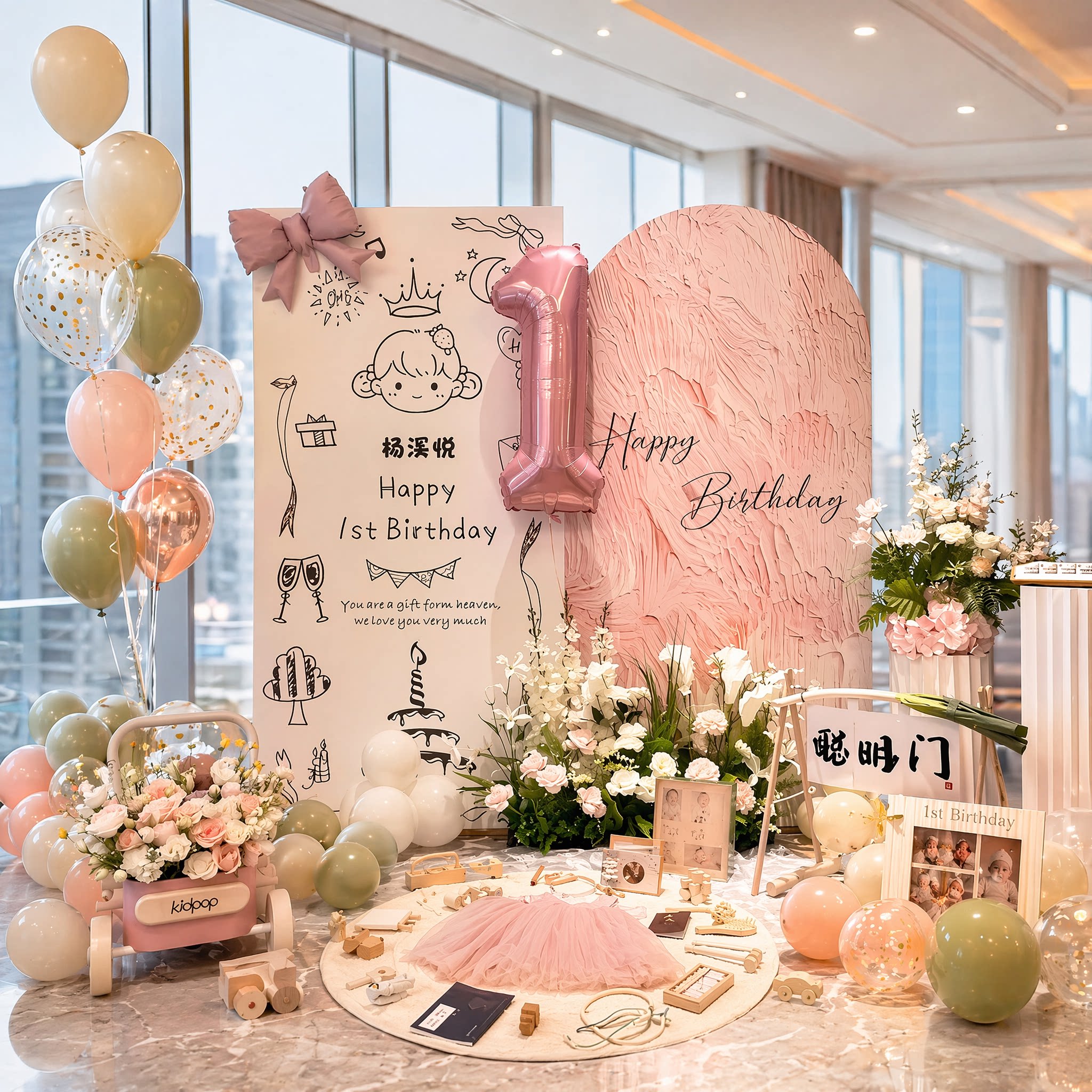 周岁生日布置宝宝女孩小公主韩系简约家庭版高级粉油画背景墙kt板
