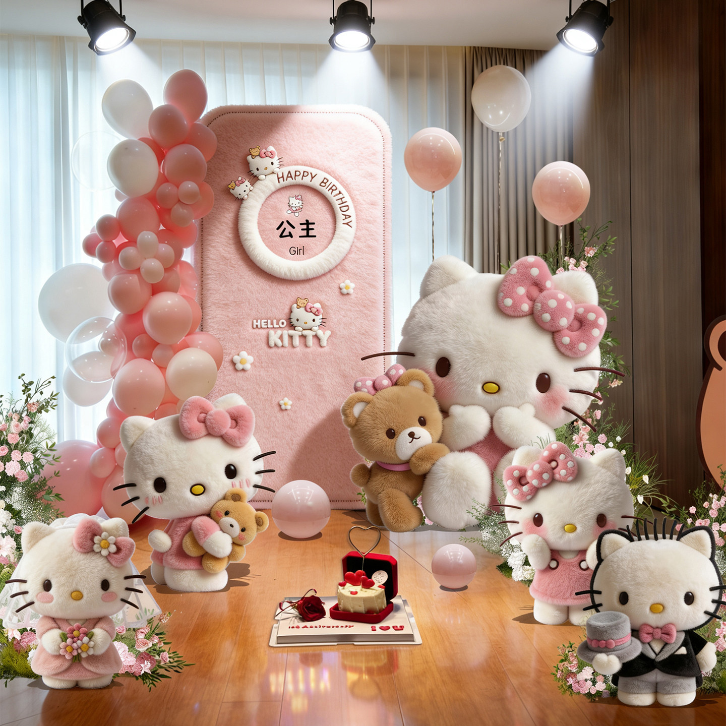 凯蒂猫hellokitty周岁生日布置儿童满月背景定制kt板百天氛围装饰